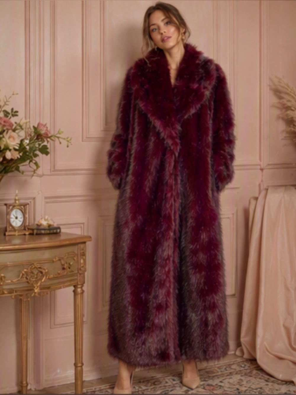 🎀🌷 Luxurious Burgundy Faux Fur Long Winter Coat 🌷🎀 NWT